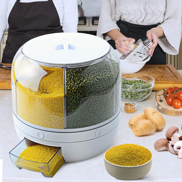 6-Grid 360° Rotation Cereal and Dry Food Storage Dispenser – Rotating Rice, Grain and Cereal Container with Transparent Bucket (Pack of 1)